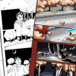 Banner showing three overlapping manga pages, the rearmost only a sketch of various magical affects, the middle showing Indrid Cold walking down a road in black and white, and the topmost showing a finished coloured page of an autumn street with Indrid Cold posing in the corner.