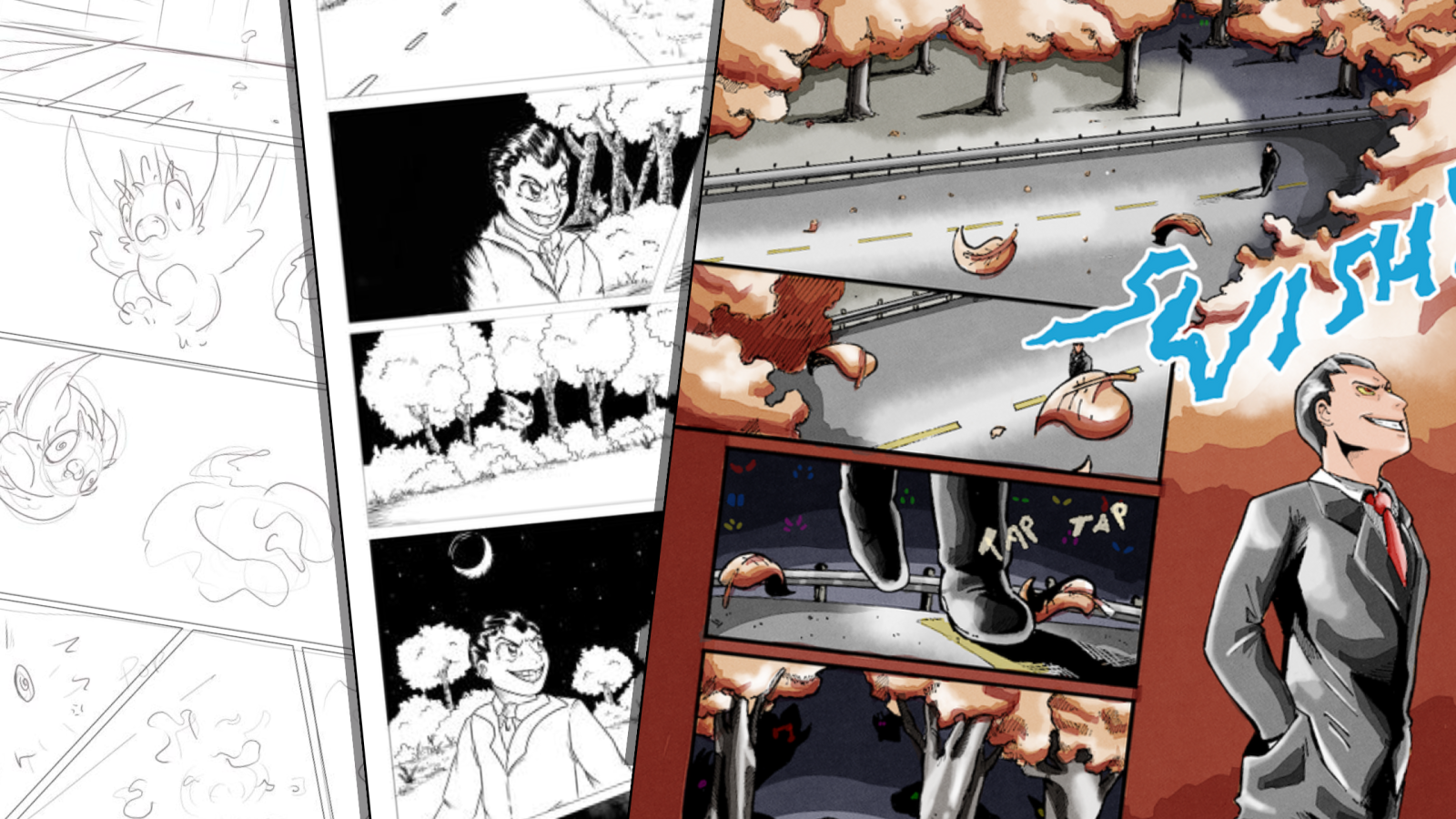 Banner showing three overlapping manga pages, the rearmost only a sketch of various magical affects, the middle showing Indrid Cold walking down a road in black and white, and the topmost showing a finished coloured page of an autumn street with Indrid Cold posing in the corner.