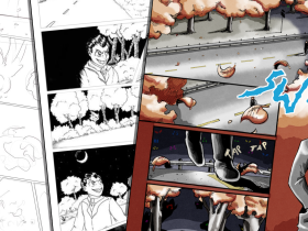 Banner showing three overlapping manga pages, the rearmost only a sketch of various magical affects, the middle showing Indrid Cold walking down a road in black and white, and the topmost showing a finished coloured page of an autumn street with Indrid Cold posing in the corner.